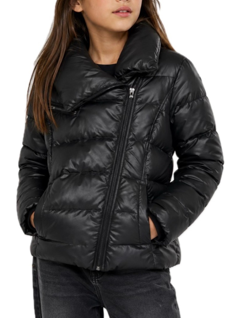 Girls Andrew Marc Black Asymmetrical Puffer Coat.